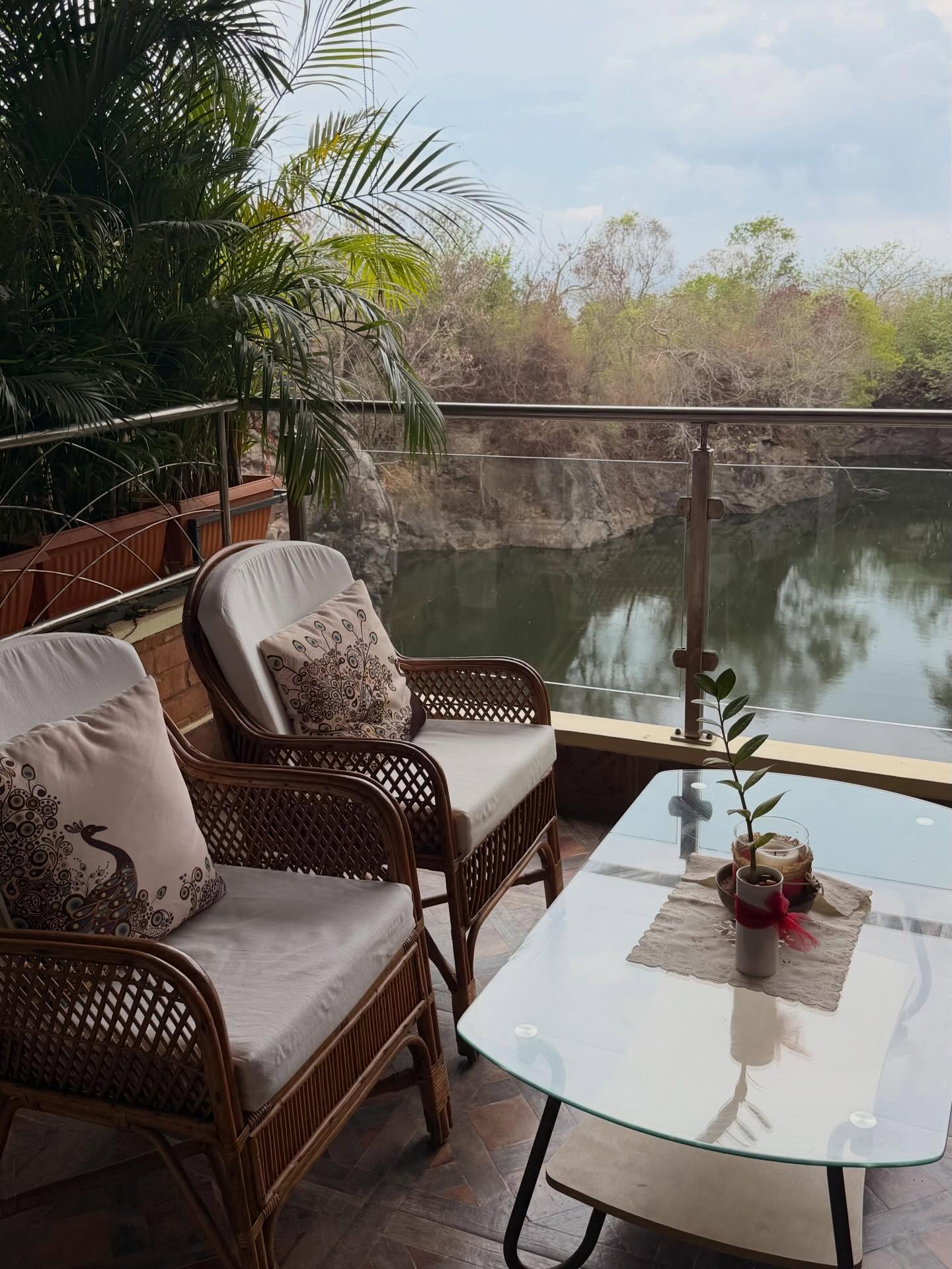 Veranda seating above the quarry lake