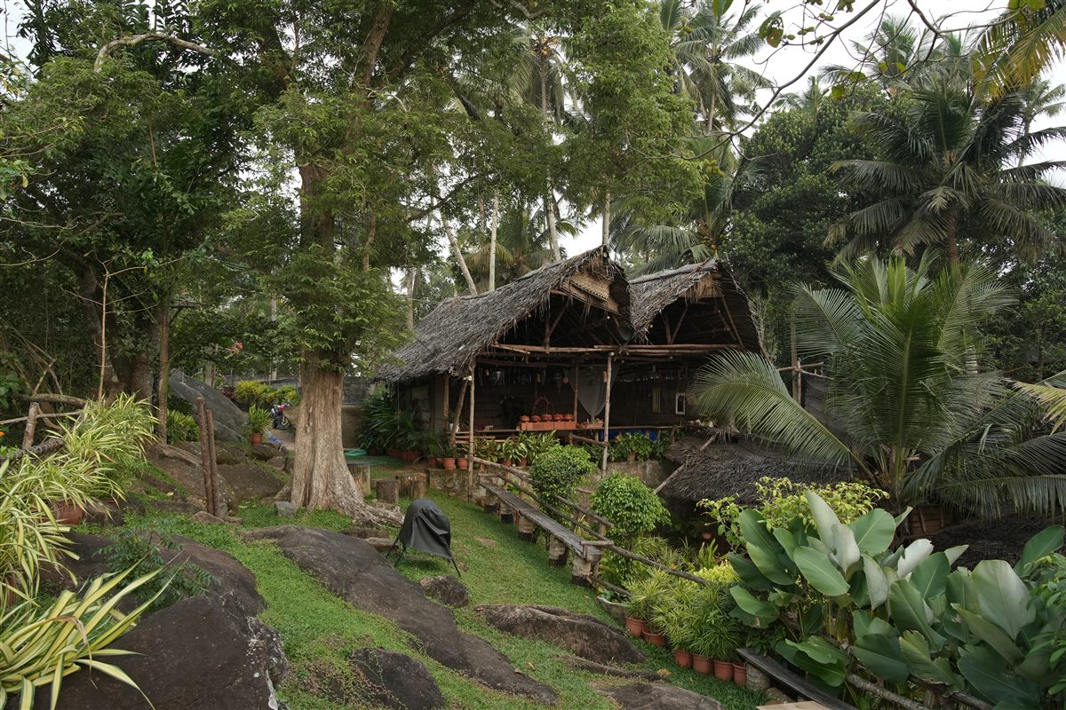 The thatched garden pavilion by day, set among rocks and greenery